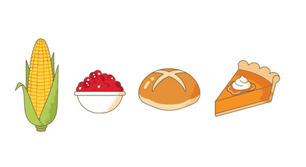 Illustration of Thanksgiving foods: corn, cranberry sauce, bread roll, and pumpkin pie.