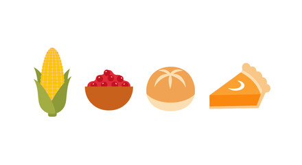 Illustration of Thanksgiving food items including corn, cranberries, bread roll, and pumpkin pie slice.