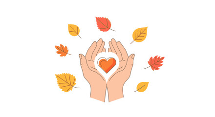 Hands holding heart with autumn leaves falling around it.