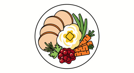 A top-down view of a plate with a Thanksgiving dinner, including turkey and sides.