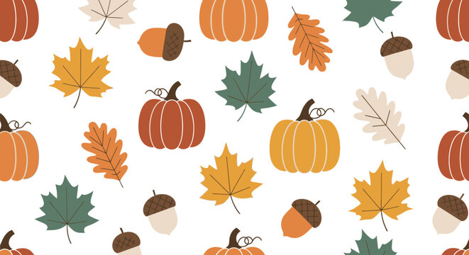 Seamless autumn pattern with pumpkins, colorful leaves, and acorns on a white background.