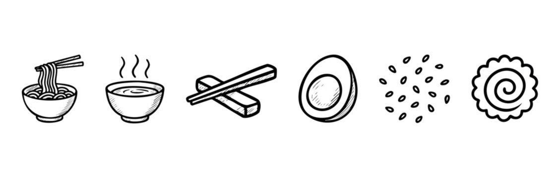 A set of line art icons representing popular Japanese food items. These graphics are ideal for use in culinary contexts like menus, recipe websites, and food blogs.