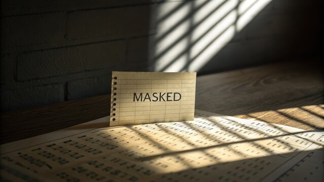 Masked note showing fading binary digits on a wooden surface