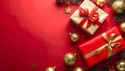 Decorative Christmas gift box presents and ornaments neatly arranged on the red background