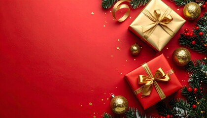 Decorative Christmas gift box presents and ornaments neatly arranged on the red background