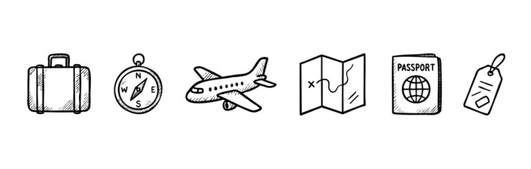 Set of hand drawn travel icons representing journeys and exploration, perfect for vacation planning, adventure blogs, and transportation themes.