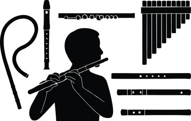 Silhouette of person playing flute surrounded by various wind instrument parts