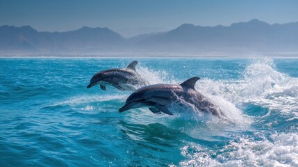 Fototapeta premium Two dolphins leaping out of the water, with mountains in the background.