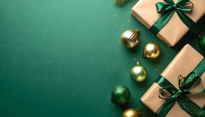 Decorative Christmas gift box presents and ornaments neatly arranged on the green background