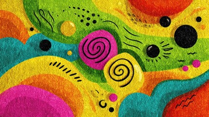 A vibrant abstract painting with a rainbow-colored background featuring swirling patterns and black circular shapes, set against a textured canvas with a yellow and orange gradient.