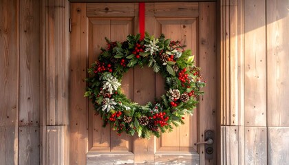 Christmas wreath hanging on a rustic door