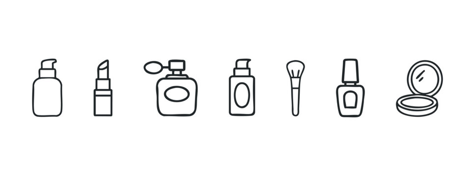 A line drawing set of cosmetic and personal care items, perfect for beauty blogs, product packaging, or marketing materials related to personal grooming.