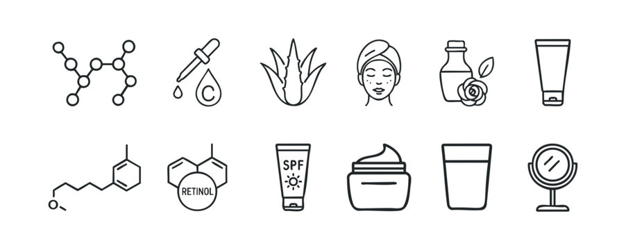 Collection of icons for skincare and cosmetic products, featuring scientific molecules, plant extracts, application tools, and containers for health and wellness marketing.