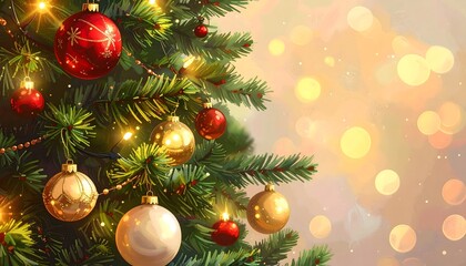 Christmas tree close up with sparkling lights ball ornaments with soft bokeh background.
