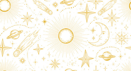 Celestial pattern with sun moon stars comets and planets in gold line art on white background