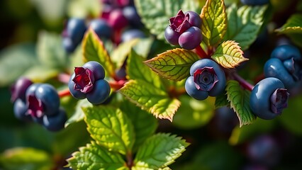 Close-up of vibrant blueberry leaves with intricate textures, showcasing nature's delicate beauty.