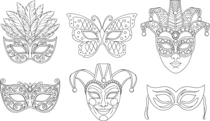 Collection of six black and white line art masquerade masks including feathered ornate butterfly and jester designs