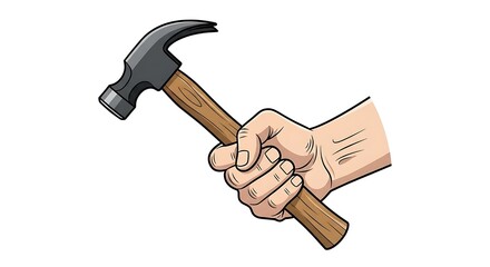 Illustration of a person holding a hammer with a wooden handle, ready for construction or repair work