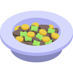 Isometric bowl filled with brown food pieces yellow circles and green cubes on a light blue dish with a transparent background