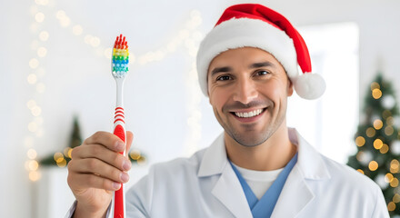 Dentist wearing Santa hat holding colorful toothbrush in festive setting  