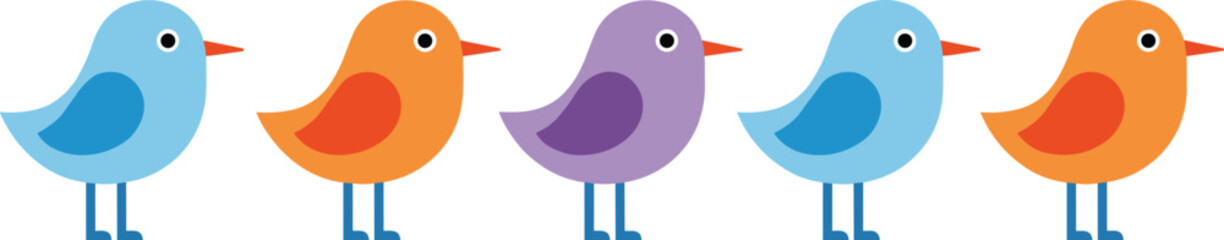 Five cartoon birds in blue orange and purple with orange beaks and black eyes vector