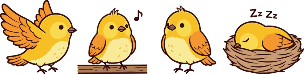 Four yellow cartoon birds in different poses one flying one singing one standing and one sleeping in a nest