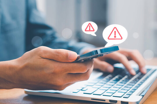 Cybersecurity threat with fake email and SMS alerts on smartphone, showing phishing scams, identity theft risk, online fraud, and red warning icons to highlight mobile security awareness.