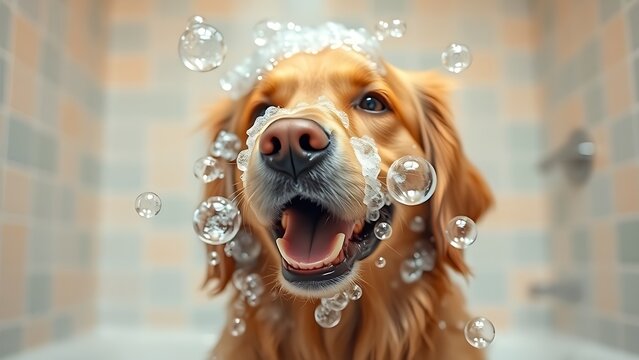 Playful golden retriever covered in soap bubbles, exuding joy against a soft pastel background.