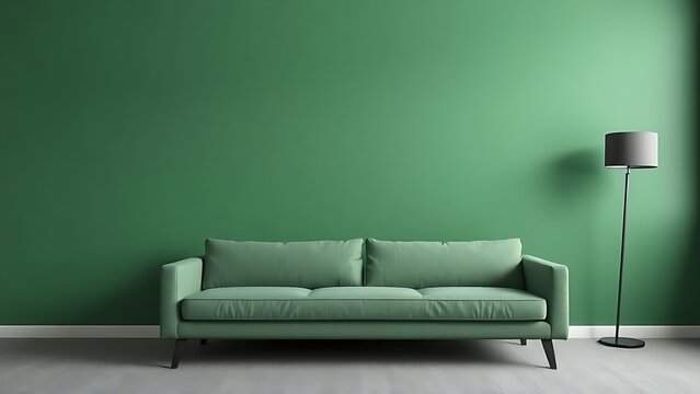 Minimalist green wall with sofa and marble pattern, featuring grey carpet and lamp.