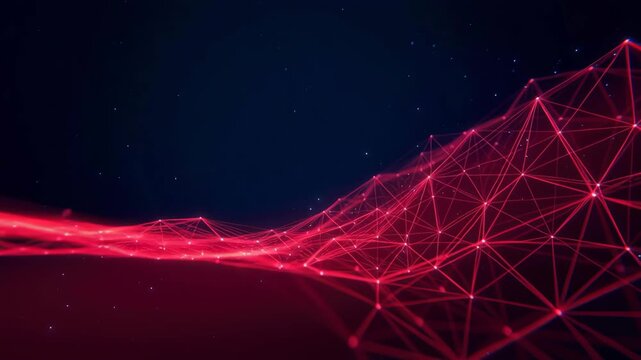 Digital network mesh red neon line dark space data wave abstract grid futuristic web glowing point information technology background flows calmly with depth and mystery for design and science
