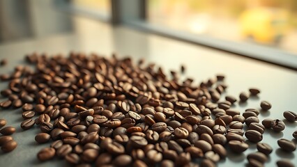 Freshly roasted aromatic coffee beans scattered on a modern surface in a warm, close-up view.
