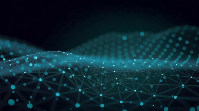 Information technology background network dots wave glow digital grid connection data flow abstract teal futuristic depth smooth motion with neon network dots abstract digital data connection wave