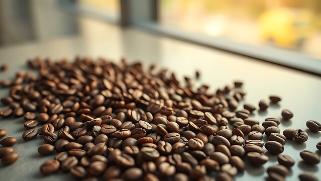Freshly roasted aromatic coffee beans scattered on a modern surface in a warm, close-up view.