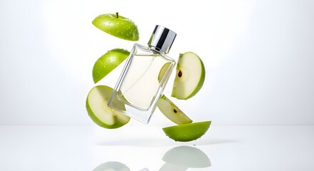 Levitating perfume bottle with sliced green apples, crisp bright lighting, clean modern