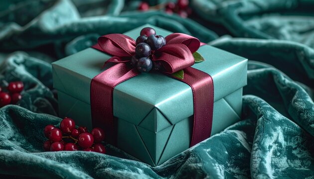 Elegant teal gift box with a burgundy ribbon and fresh berries on a plush velvet background.