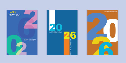 A set of three vibrant and modern posters celebrating the year 2026, perfect for New Years greetings and festive designs.