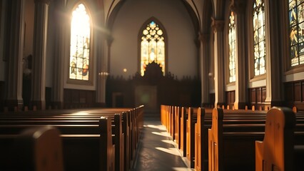 A serene church interior illuminated by stained glass, with empty wooden pews in focus.