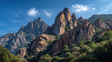 Fototapeta premium The rugged, rocky landscape of the Calanche of Piana, a UNESCO World Heritage Site in Corsica, France, with jagged peaks and lush greenery in the foreground.