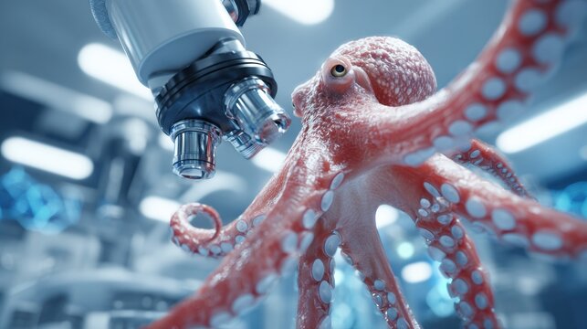 Realistic Octopus Exploring Science Research With a Microscope in a Sterile Laboratory Setting