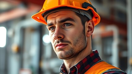 Professional electrician in safety gear, portrayed with focus and determination in an industrial setting.
