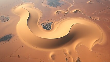A stunning aerial view from space of a massive, sinuous sand dune resembling a slug, dramatically cutting through a textured floodplain landscape.