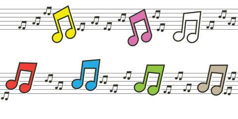 A cheerful arrangement of colorful musical notes scattered across staff lines, creating a lively and playful visual representation of music.