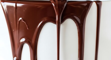 Rich dark chocolate syrup cascading and dripping in elegant streams against a clean white background