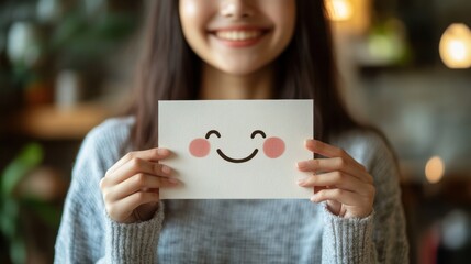 Smiling woman holding a white card with a cheerful happy face drawing, expressing positivity and well-being.