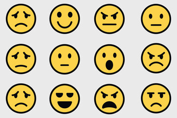 Twelve Yellow Emoji Faces Showing Diverse Human Emotions, Expressive Icons for Messaging and Communication