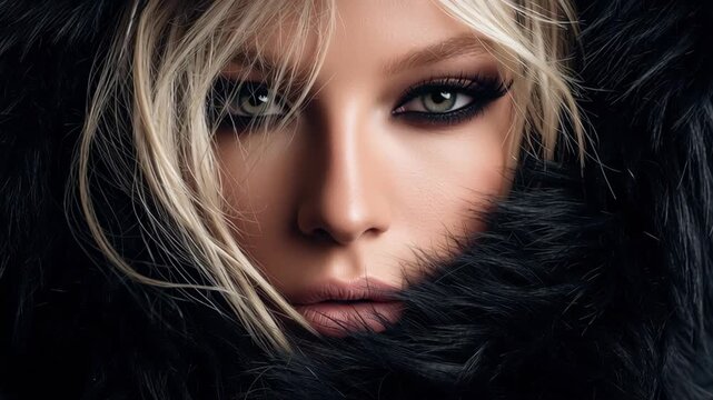 Blonde woman smoky eye makeup wrapped black fur coat intense elegant mysterious gaze soft lighting close up portrait, 4k video