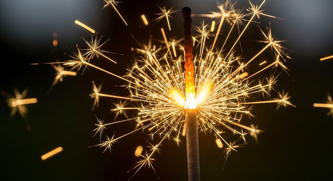 Bright golden sparkler explodes with dazzling light and fiery trails against a dark background