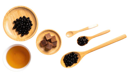 Bubble tea ingredients tapioca, sugar, drink, spoons