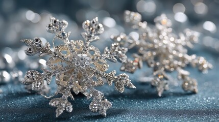 Two sparkling silver snowflakes with glittering details, set against a shimmering blue background with bokeh effects.