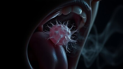 Human throat with shadowy, tumor-like formations of vibrating soundwaves, a haunting visual metaphor.